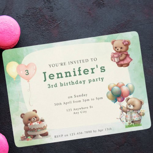 Cute Teddy Bear Birthday Party  Invitation