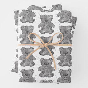 Cute Teddy Bear Black and White Custom Wrapping Paper Sheets