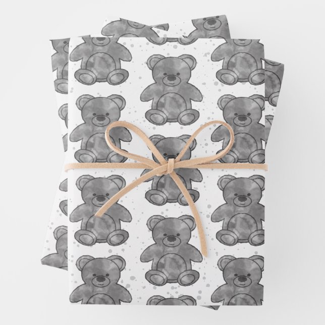 Cute Teddy Bear Black and White Custom Wrapping Paper Sheets (In situ)