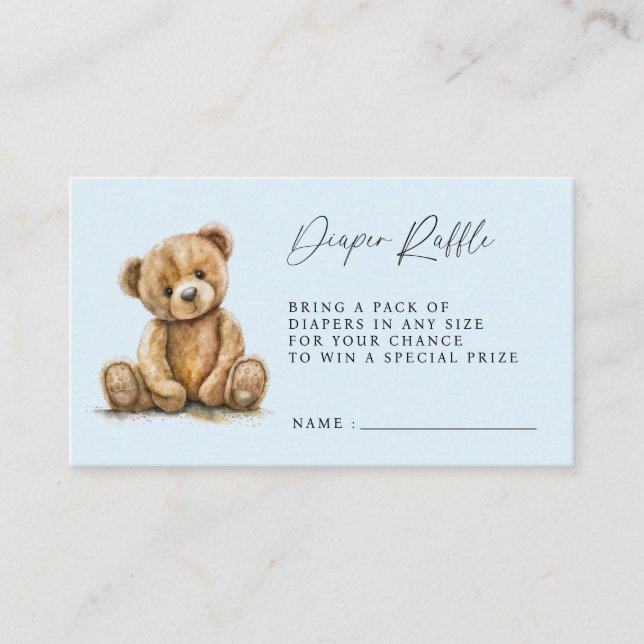 Cute Teddy Bear Blue Baby Boy Shower Diaper Raffle Enclosure Card (Front)
