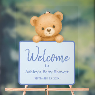 Cute Teddy Bear Blue Baby Boy Shower Welcome Acrylic Sign