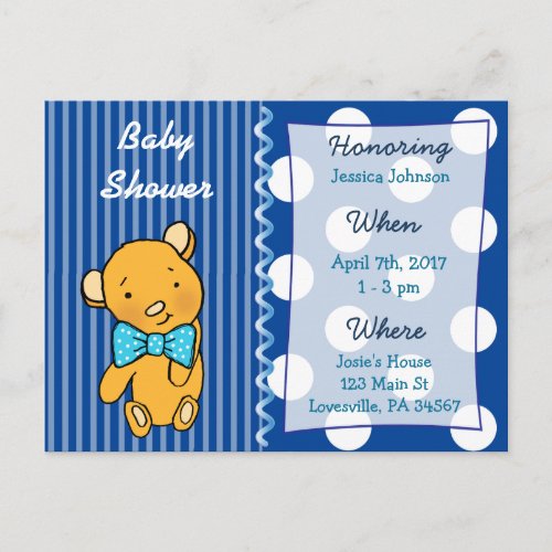 Cute Teddy Bear Blue Baby Shower Invitation