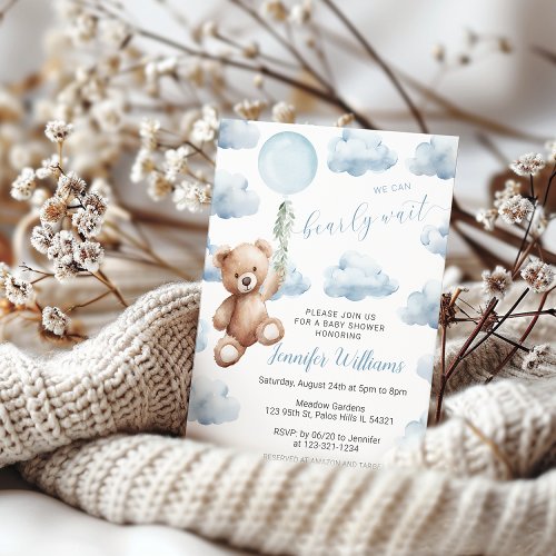 Cute Teddy Bear Blue Balloon Baby Boy Shower Invitation