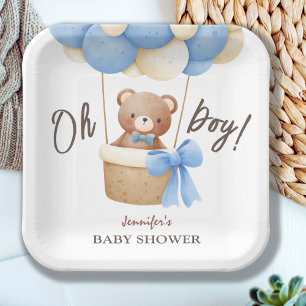 Cute Teddy Bear Blue Balloon Baby Shower Paper Plates