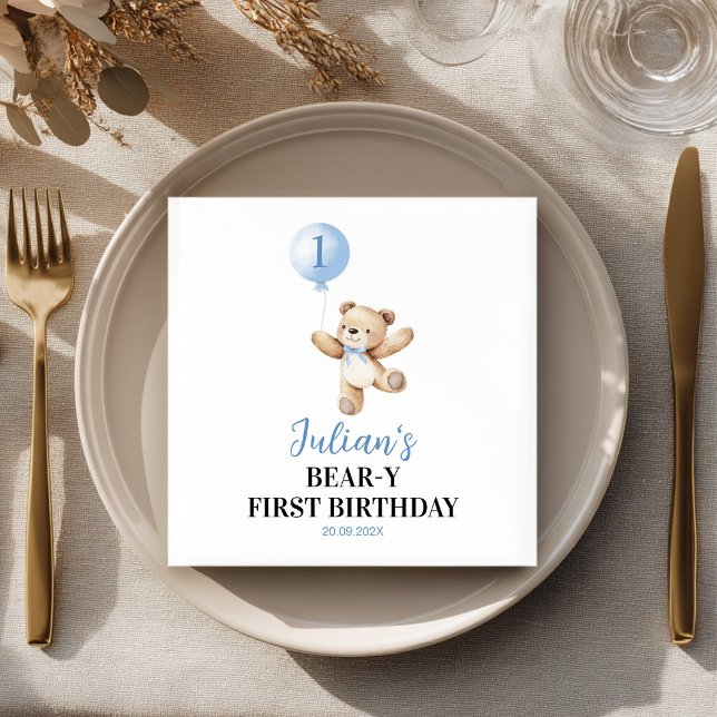 Cute Teddy Bear Blue Balloon Beary Birthday Napkins (Creator Uploaded)