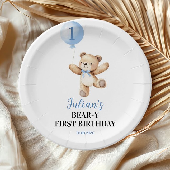 Cute Teddy Bear Blue Balloon Beary Birthday Paper Plates (Creator Uploaded)