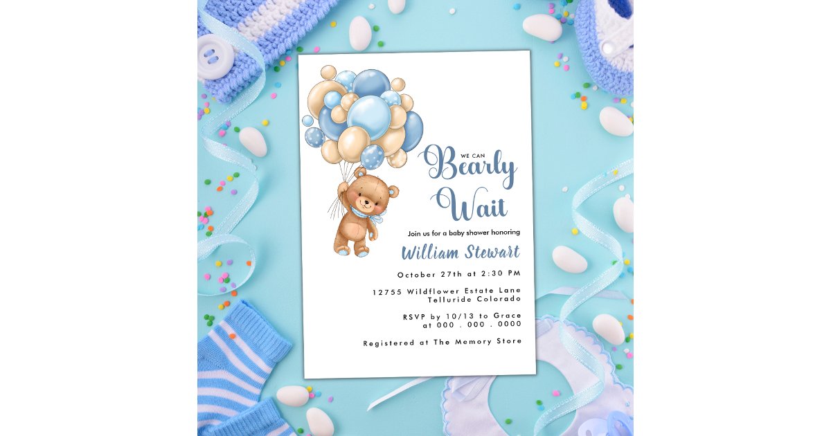 Cute Teddy Bear Blue Balloon Boy Baby Shower Invitation | Zazzle