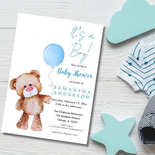 Cute Teddy Bear Blue Balloon Boy Baby Shower Invitation