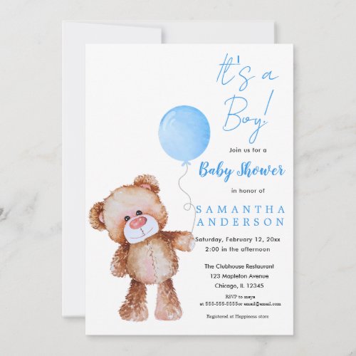 Cute Teddy Bear Blue Balloon Boy Baby Shower Invitation
