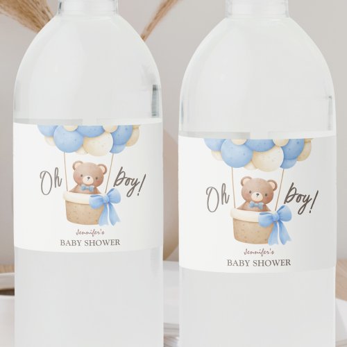 Cute Teddy Bear Blue Balloon  Boy Baby Shower Water Bottle Label