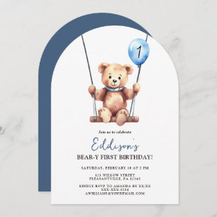 Cute Teddy Bear Blue Balloon First Birthday Invitation