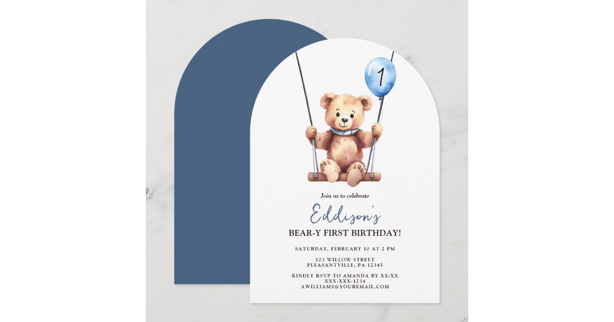 Cute Teddy Bear Blue Balloon First Birthday Invitation | Zazzle