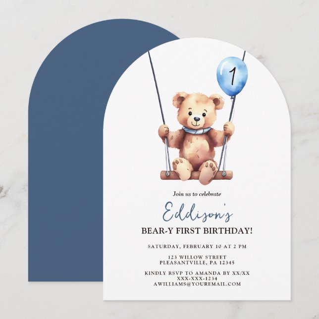 Cute Teddy Bear Blue Balloon First Birthday Invitation (Front/Back)