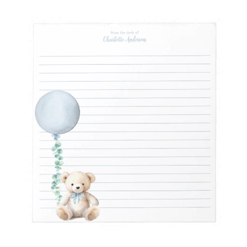 Cute Teddy Bear  Blue Balloon Monogram Notepad
