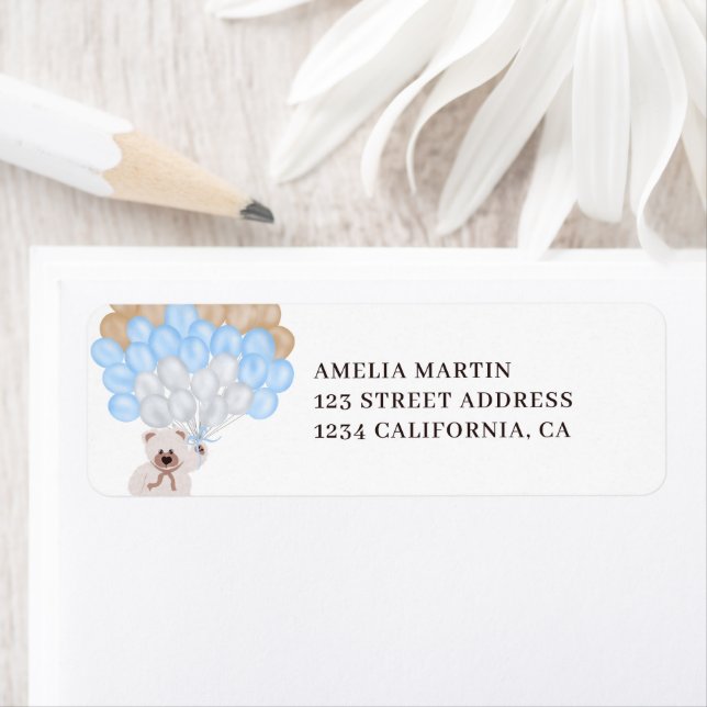 Cute teddy bear blue balloon neutral baby shower label (Insitu)