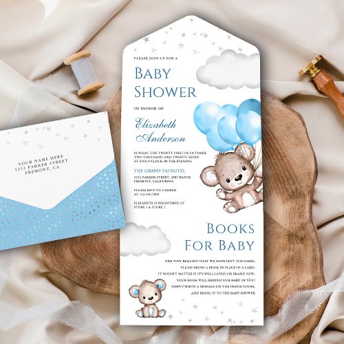 Cute Teddy Bear Blue Balloons Baby Shower All In One Invitation