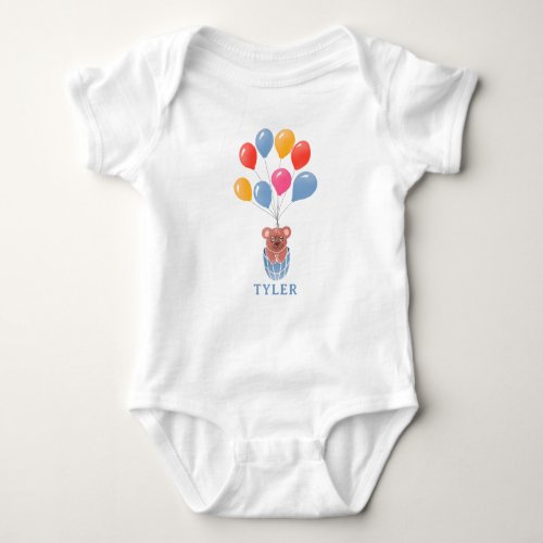 Cute Teddy Bear Blue Balloons Boy Baby Bodysuit - Cute Teddy Bear Blue Balloons Boy Baby Bodysuit. A cute drawing of a teddy bear with blue, red and yellow balloons. Add your name or erase it.