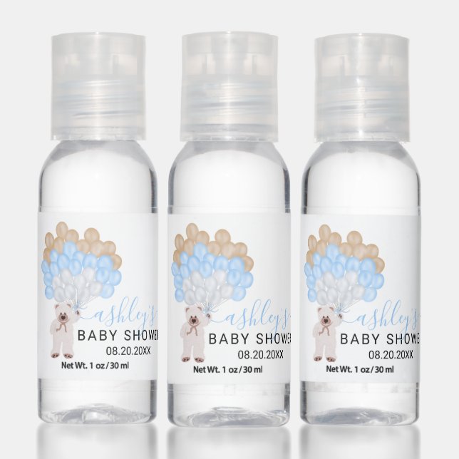 Cute teddy bear blue balloons boy baby shower hand sanitizer (Set)
