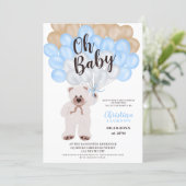 Cute teddy bear blue balloons boy baby shower invitation (Standing Front)