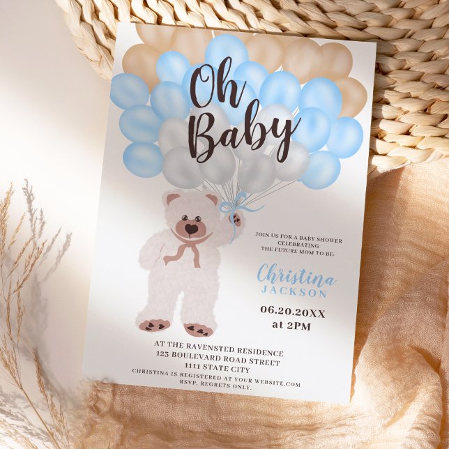 Cute teddy bear blue balloons boy baby shower invitation