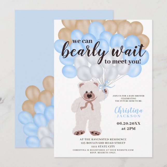 Cute teddy bear blue balloons boy baby shower invitation (Front/Back)