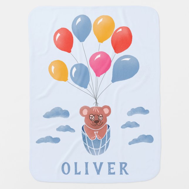 Cute Teddy Bear Blue Balloons Boy Name  Baby Blanket (Front)