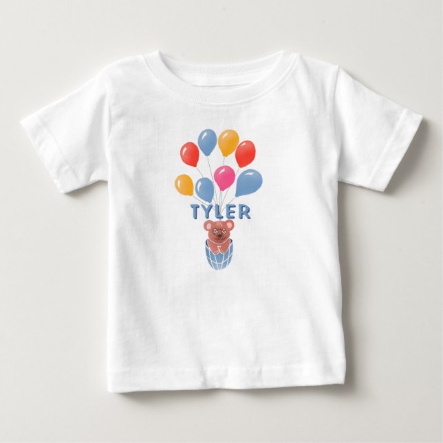 Cute Teddy Bear Blue Balloons Boy Name Baby T-Shirt (Front)