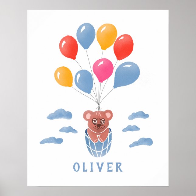 Cute Teddy Bear Blue Balloons Boy Name Poster (Front)
