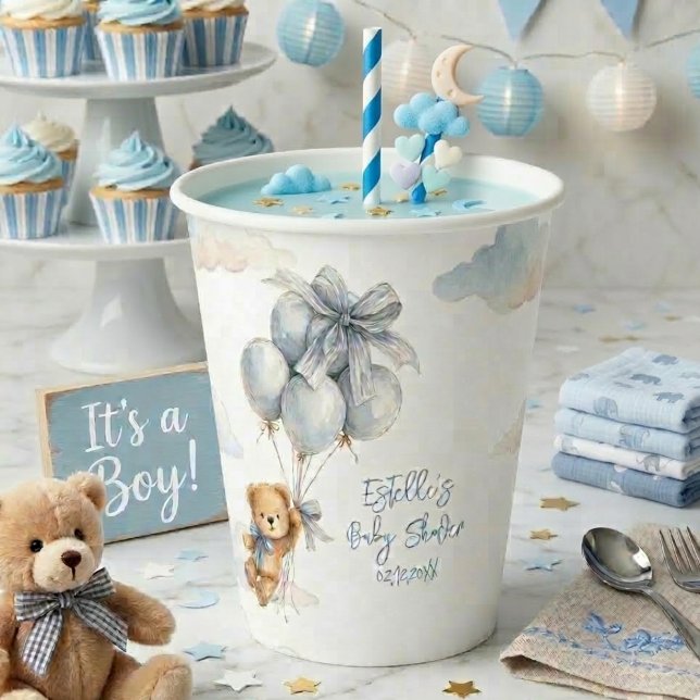 Cute Teddy Bear Blue Balloons Clouds Baby Boy Paper Cups (Creator Uploaded)