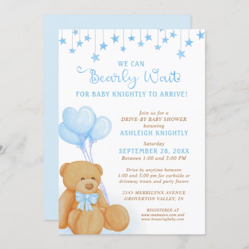 Cute Teddy Bear Blue Balloons Drive By Baby Shower Invitation