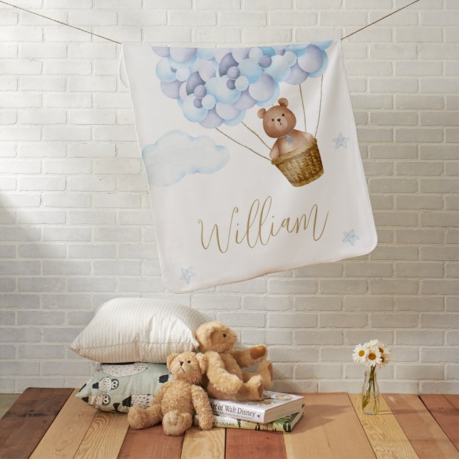 Cute Teddy Bear Blue Balloons Gold Script Baby Blanket (In Situ)