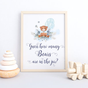 Cute Teddy Bear Blue Balloons Guess How Many Bears Poster