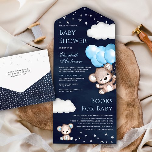 Cute Teddy Bear Blue Balloons Navy Baby Shower All In One Invitation