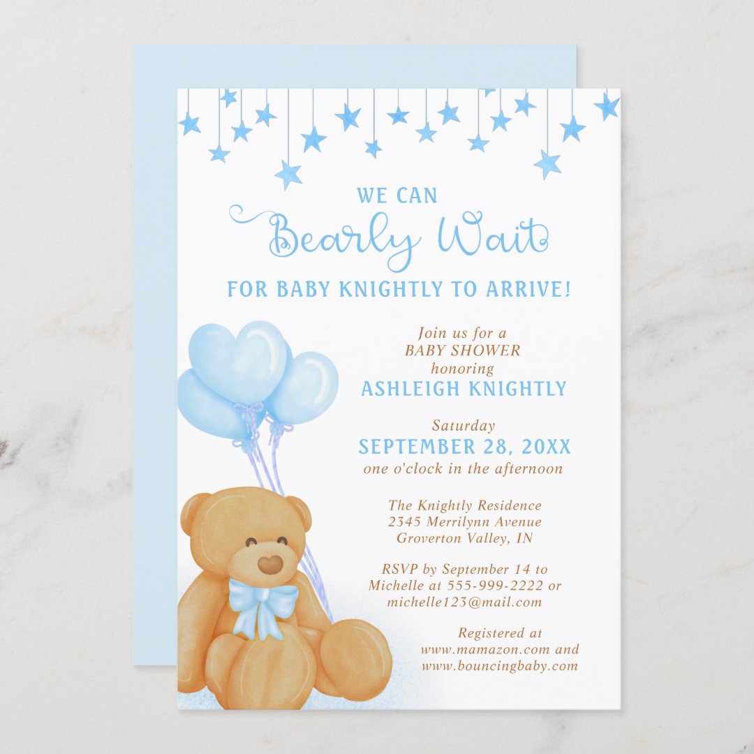 Cute Teddy Bear Blue Balloons Stars Baby Shower Invitation | Zazzle