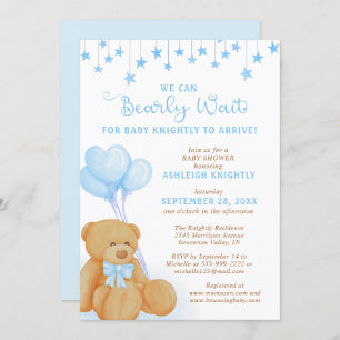 Cute Teddy Bear Blue Balloons Stars Baby Shower Invitation