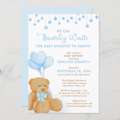 Cute Teddy Bear Blue Balloons Stars Baby Shower Invitation