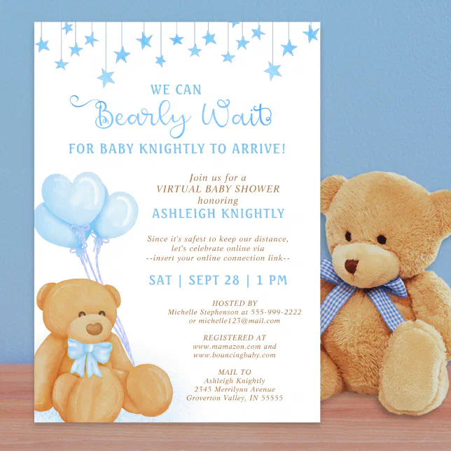 Cute Teddy Bear Blue Balloons Virtual Baby Shower Invitation 