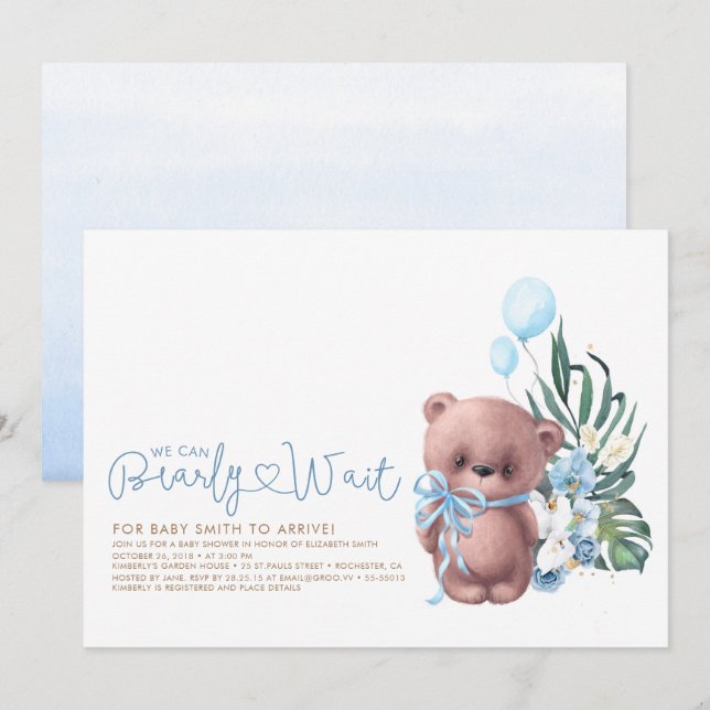 Cute Teddy Bear Blue Bearly Wait Boy Baby Shower Invitation (Front/Back)
