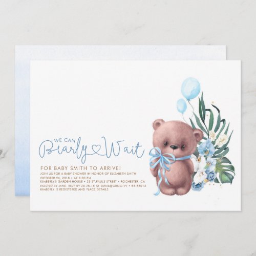 Cute Teddy Bear Blue Bearly Wait Boy Baby Shower Invitation