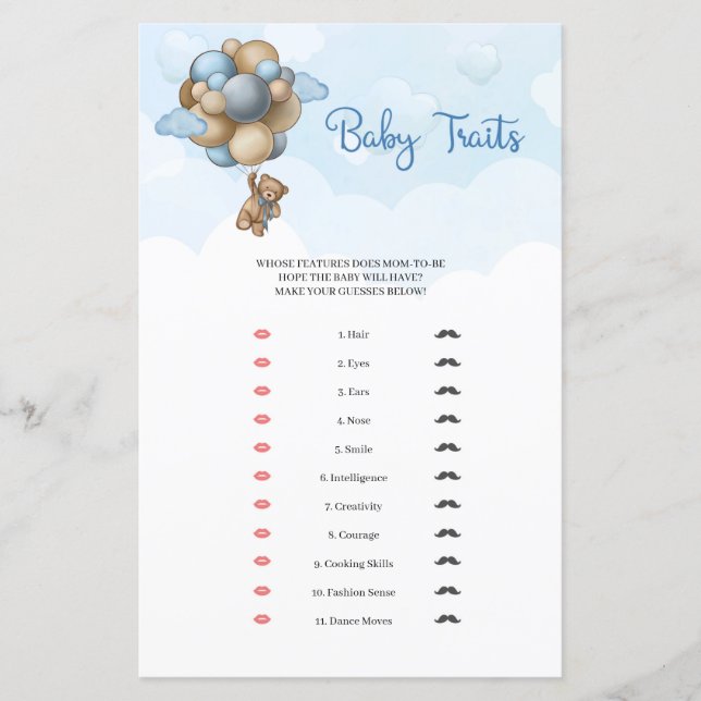 Cute teddy bear blue beige balloons Baby Traits  (Front)