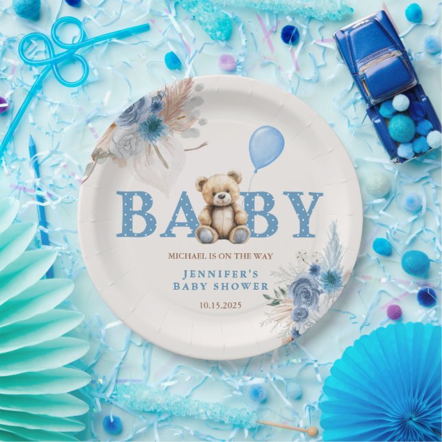 Cute Teddy Bear Blue Boho Floral Boy Paper Plates (Party)