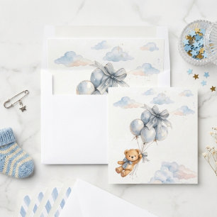 Cute Teddy Bear Blue Bow Balloons Clouds Baby Boy Envelope Liner