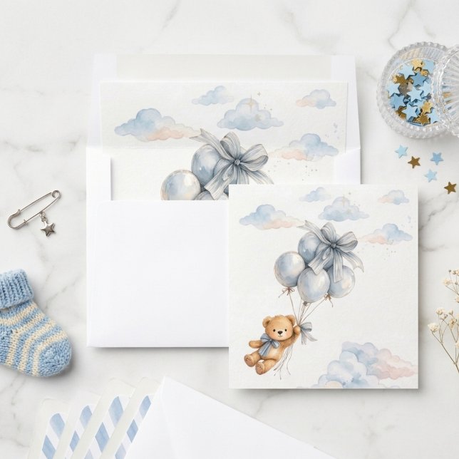 Cute Teddy Bear Blue Bow Balloons Clouds Baby Boy Envelope Liner (Creator Uploaded)