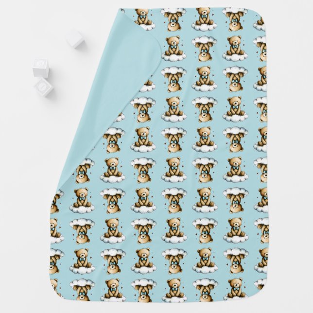 Cute Teddy Bear Blue Bow Tie Blue Background Baby Blanket (In Situ)