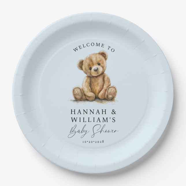 Cute Teddy Bear Blue Boy Baby Shower  Paper Plates (Front)