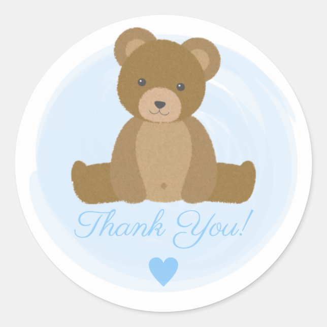 Cute Teddy Bear Blue Boy Baby Shower Thank You Classic Round Sticker (Front)