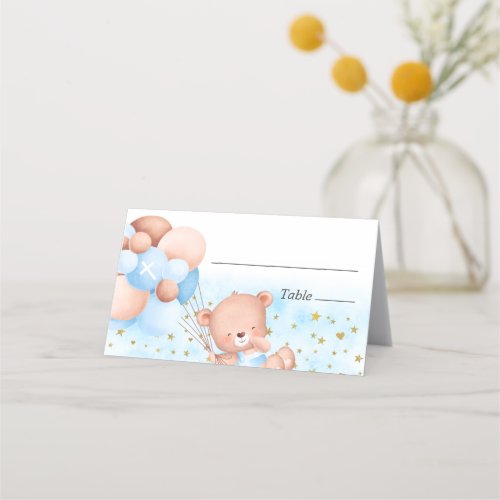 Cute Teddy Bear Blue Boy Baptism Place Card
