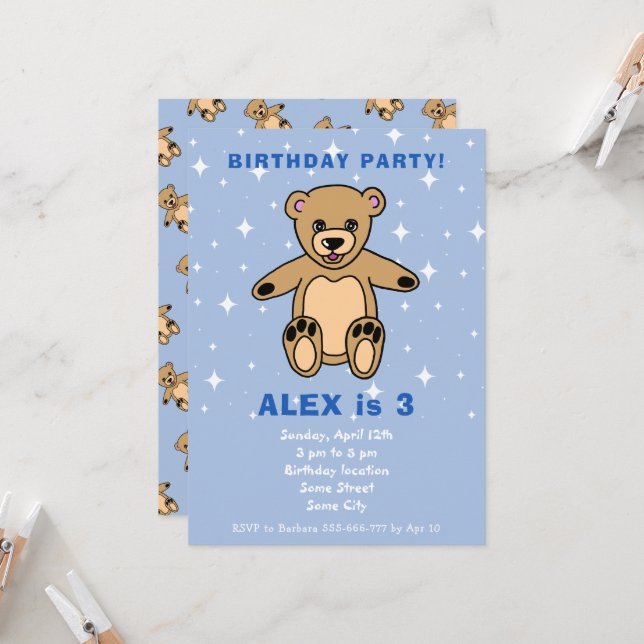 Cute Teddy Bear Blue Boy Birthday Invitation (Front/Back In Situ)