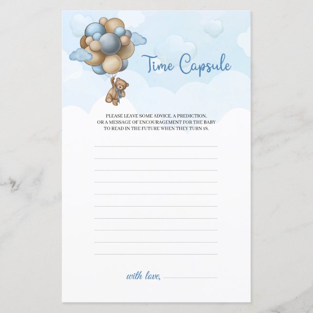 Cute teddy bear blue brown balloons Time Capsule (Front)