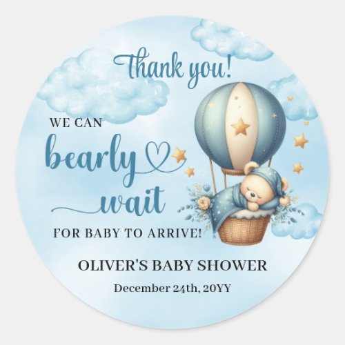 Cute teddy bear blue brown ivory hot air balloon classic round sticker